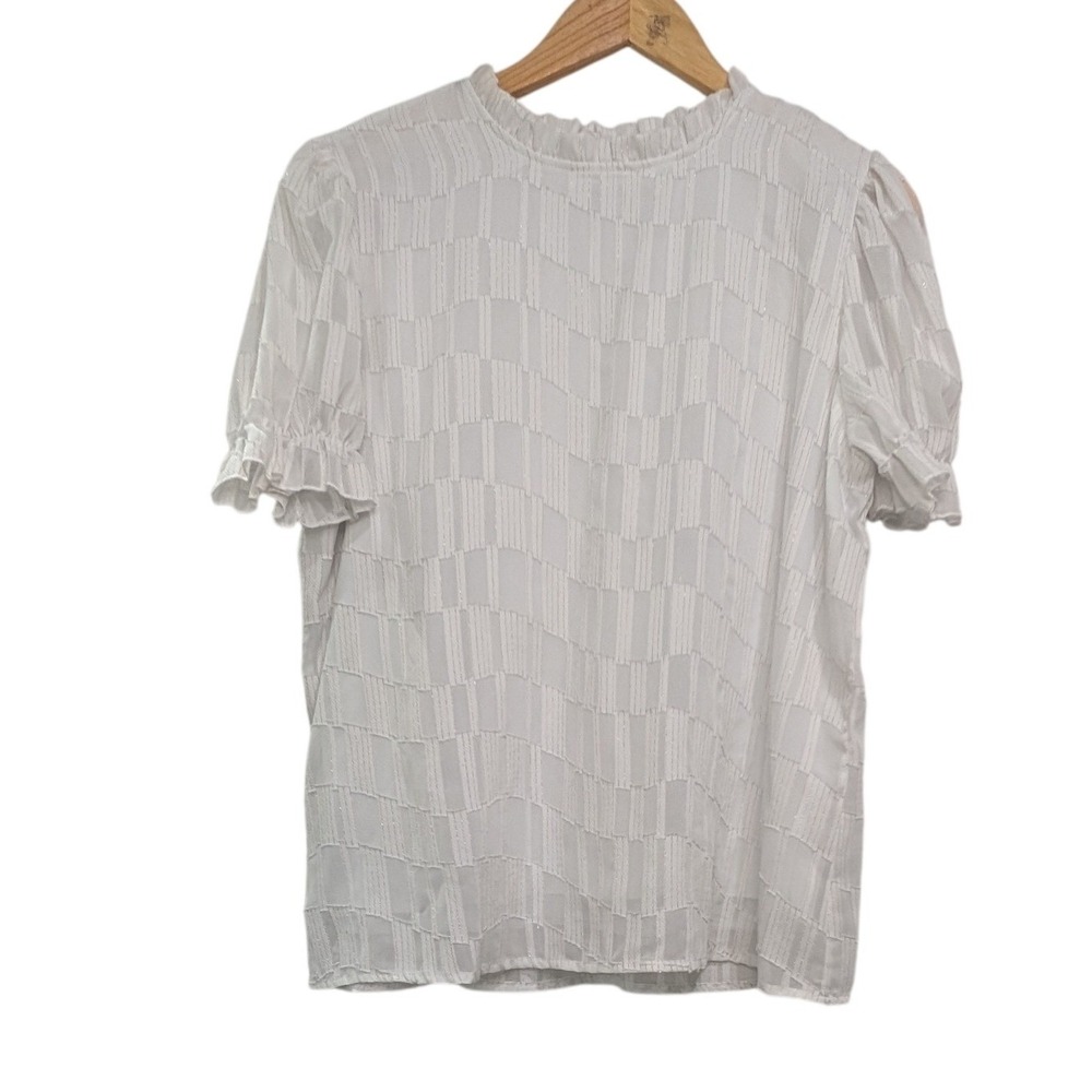 Shannon Ford New York Blouse White Ruffle Neck Puff Sleeve Textured - Large - Picture 2 of 7
